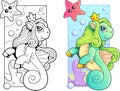 Cute pony seahorse, coloring book, funny illustration