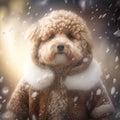 Cute poodle dog in a warm coat in the winter. Seasons greetings