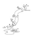 Cute poops having fun and sliding down a sewer pipe, water slide conception, funny caricature