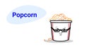 Cute pop corn cartoon comic character in glasses smiling face tasty fastfood popcorn happy emoji kawaii hand drawn style