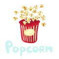 Cute popcorn flying out of striped cardboard box isolated on white background. Littered heap of corn seeds. Movie