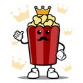 Cute popcorn king cartoon mascot character