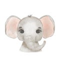 Cute portrait elephant head in cartoon style. Drawing african baby wild elephant face isolated on white background