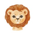 Cute portrait lion head in cartoon style. Drawing african baby wild cat face isolated on white background. Watercolor