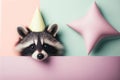 Cute portrait of a raccoon peeking out on a colored background, mockup Royalty Free Stock Photo