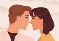 Cute portrait of romantic heterosexual couple. Young man and woman in love looking at each other. Scene of tenderness Royalty Free Stock Photo