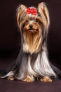 Cute portrait of young yorkshire terrier dog sitting on dark plum background and looking right to the camera. Royalty Free Stock Photo