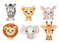 Cute portraits cheetah, giraffe, elephant and zebra in cartoon style. Drawing african baby wild cat face isolated on Royalty Free Stock Photo