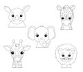 Cute portraits cheetah, giraffe, elephant and zebra in outline style. Drawing african baby wild cat face isolated on Royalty Free Stock Photo