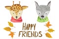 Cute portraits of a giraffe and a llama in scarves on a white background with the inscription friends and autumn leaves.