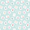 Cute postage pattern background with Eiffel tower, cupcakes and sweets on pastel blue. For web page design, notebook cover, wrappi