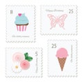 Cute postage stamps for birthday or scrapbook design. Decorative stickers for girls.