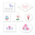 Cute postage stamps for birthday or scrapbook design. Decorative stickers for girls.