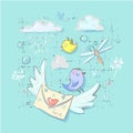 Cute Postal birds and delivery elements set. Cartoon set of postal bird vector objects for web and prints