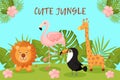 Cute postcard with animals and tropical leaves. Lion, Flamingo, Toucan and giraffe. Royalty Free Stock Photo