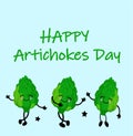 Cute postcard. Artichoke Day. Three fun vegetables