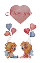 Cute postcard. Cute baby angels - a girl and a boy with balloons and a large heart with the text - I love you. Watercolor. Royalty Free Stock Photo