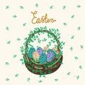 Cute postcard with Easter eggs in the basket. Easter Lettering. Cute Easter poster with a Nest. Spring illustration of a basket of Royalty Free Stock Photo