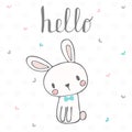 Cute postcard with funny rabbit. Card with hello text for little