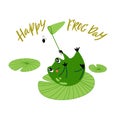 Cute Postcard with Green Funny Frog. A Little Frog Hunts a Fly. Vector Cartoon Illustration Royalty Free Stock Photo