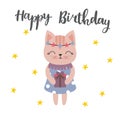 Cute postcard Happy Birthday with lovely kitty and gift. Sweet background with stars