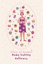 Cute postcard with homemade confectionery, cakes and pies. Female pastry chef in a medical mask. Stay at home. Home baking