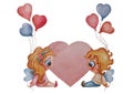 Cute Postcard. Kids angels a girl and a boy with balloons and a heart are sitting opposite each other. Watercolor. Hand drawing on Royalty Free Stock Photo