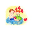 Cute postcard print, drawn with watercolor pencils on watercolor paper, a boy and a girl are sitting on a cloud with a jar of red