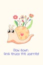 A cute postcard to a friend on a trip, with cute insects. snail, with a funny inscription. Royalty Free Stock Photo