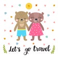 Cute postcard with two funny bears. Hand drawn