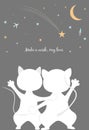 Cute postcards of cats looking at the sky. Declaration of love. Make a wish. A star is falling. Colorful vector illustration