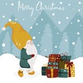 Merry christmas poster with a gnome and gifts - vector illustration, eps