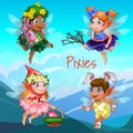 Cute poster with the little flying pixies with mountains in the background. Easter symbols the egg in the basket, the