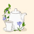 Cute poster with teapot and cup and flowers of periwinkle