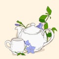 Cute poster with teapot and cup and flowers of periwinkle