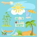 Cute poster on theme of travel. Bright sun on the beach, sunbed, palm tree on sandy beach, cooler of coconut cocktails