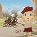 Cute Poster in Wild West Style. Young Man in Traditional Scottish Red Tartan Bonnet, Tam o` Shanter, stands, holding his Royalty Free Stock Photo