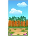 Cute poster with wooden fence for a country house, park or cottage. Vector cartoon close-up illustration.
