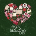 Cute posters with valentines day elements greetings, heart shape frame, vector illustration in flat cartoon style.