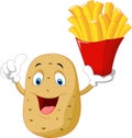 Cute potato cartoon holding a french fries give thumb up