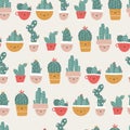 Cute pots with cacti and succulents. Vector seamless pattern. Funny faces are smiling. Trendy hand-drawn Scandinavian