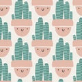 Cute pots with cacti and succulents. Vector seamless pattern. Funny faces are smiling. Trendy hand-drawn Scandinavian