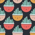 Cute pots with cacti and succulents. Vector seamless pattern. Funny faces are smiling. Trendy hand-drawn Scandinavian