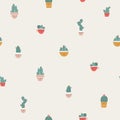 Cute pots with cacti and succulents. Vector seamless pattern. Funny faces are smiling. Trendy hand-drawn Scandinavian