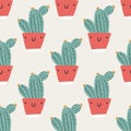 Cute pots with cactuses. Vector seamless pattern. Funny faces are smiling. Trendy hand-drawn Scandinavian cartoon doodle