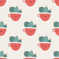 Cute pots cups with cacti. Vector seamless pattern. Funny faces are smiling. Trendy hand-drawn Scandinavian cartoon