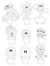 Cute Potted Plants Set Illustrations Cartoons Kawaii No fill Mushroom Bonsai Carnivorous Daisy Rose Cactus