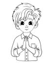 Cute praying boy teenager with folded hands in prayer. Linear hand drawing. Coloring book. Religious believer male