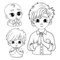 Cute praying boys. Little infant, baby boy and teenager guy with folded hands in prayer. Isolated outline hand drawn