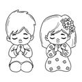 Cute praying children girl and boy. Religious believer little child character on his knees with folded hands in prayer Royalty Free Stock Photo